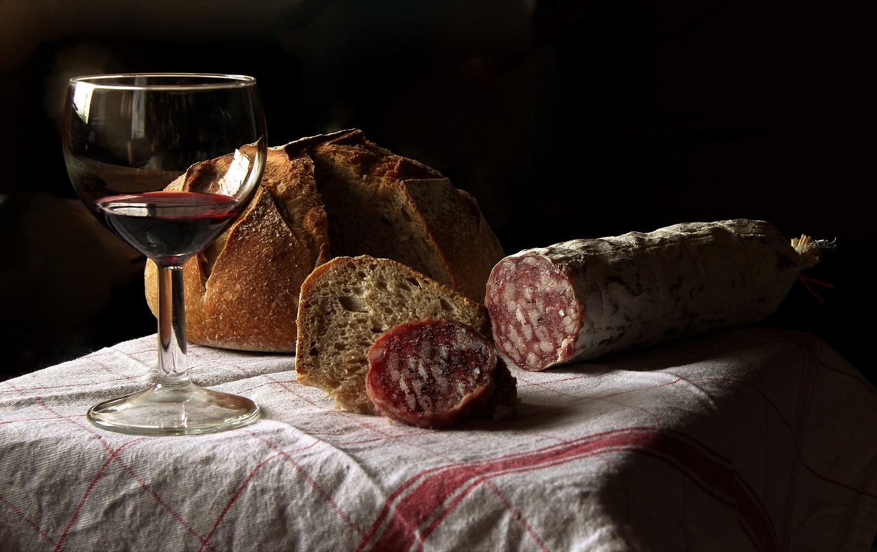 wine, pair, aperitif, drink, glass, table, alcohol, red wine, bread, sausage, rustic, salami